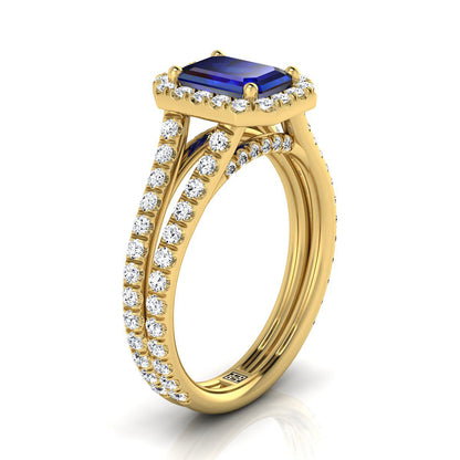 14K Yellow Gold Emerald Cut Sapphire Halo Two Row Pavé Diamond Split Shank Engagement Ring -7/8ctw
