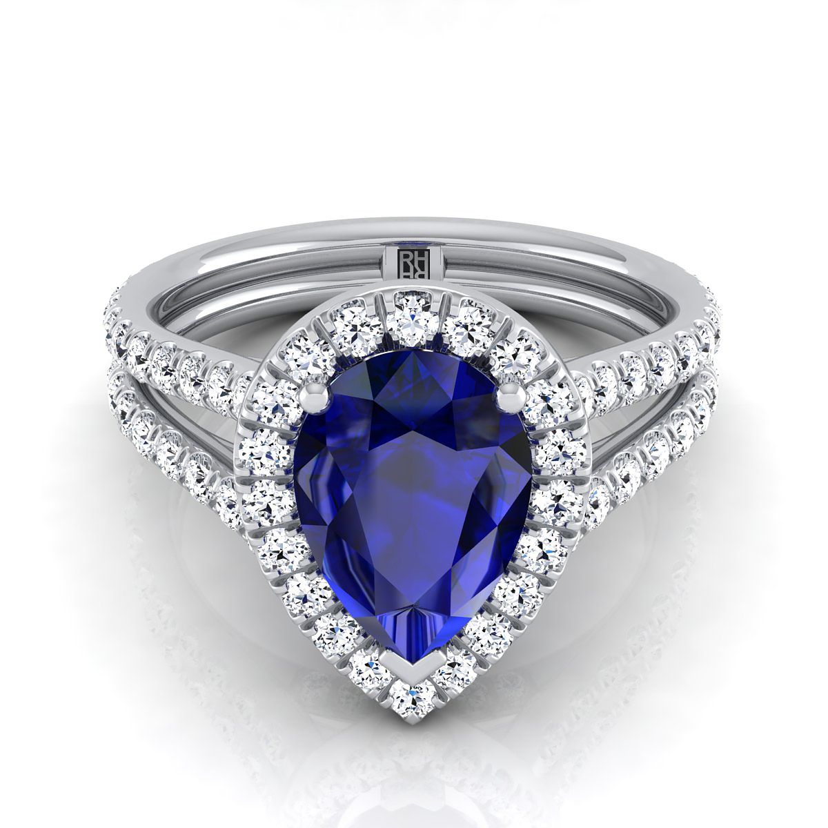 14K White Gold Pear Shape Center Sapphire Halo Two Row Pavé Diamond Split Shank Engagement Ring -7/8ctw