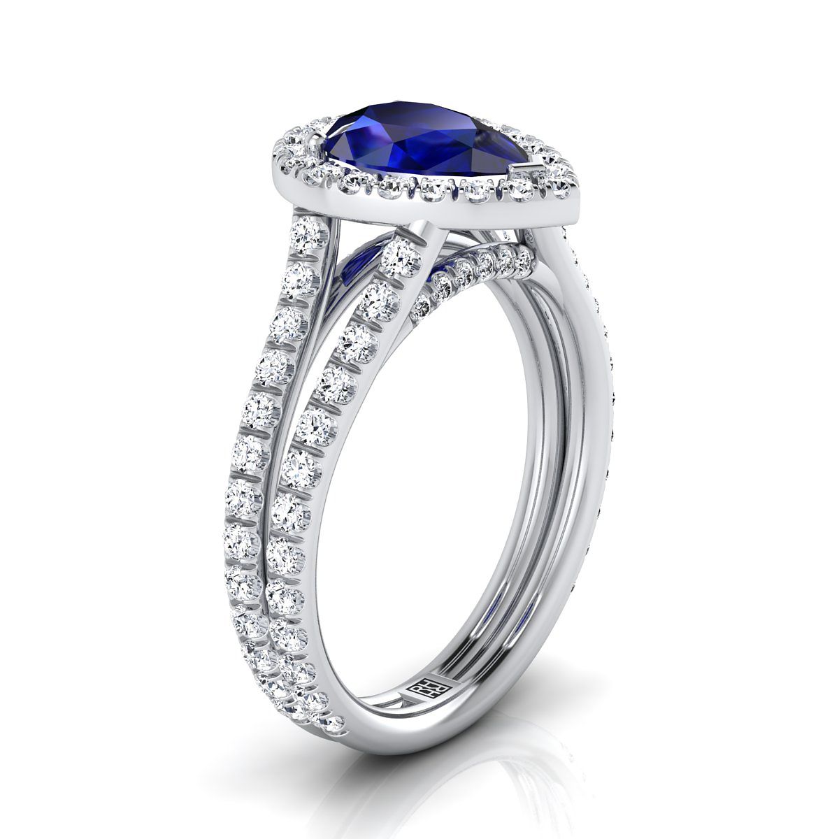 14K White Gold Pear Shape Center Sapphire Halo Two Row Pavé Diamond Split Shank Engagement Ring -7/8ctw