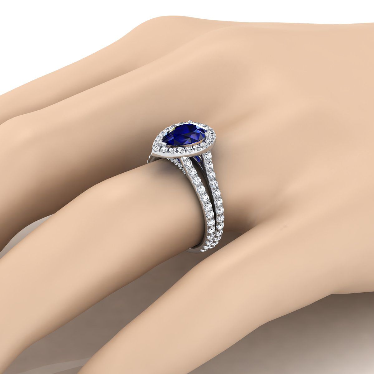 14K White Gold Pear Shape Center Sapphire Halo Two Row Pavé Diamond Split Shank Engagement Ring -7/8ctw
