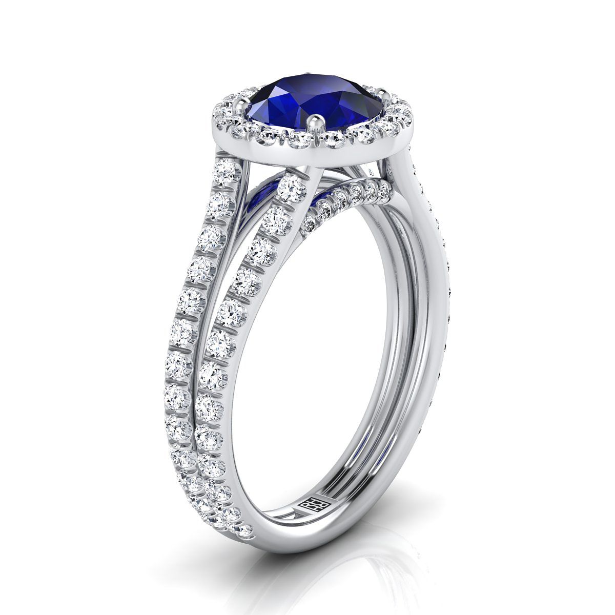 14K White Gold Round Brilliant Sapphire Halo Two Row Pavé Diamond Split Shank Engagement Ring -7/8ctw