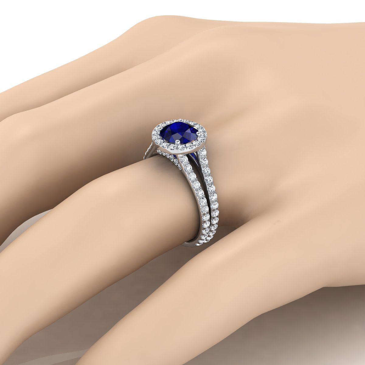 18K White Gold Round Brilliant Sapphire Halo Two Row Pavé Diamond Split Shank Engagement Ring -7/8ctw