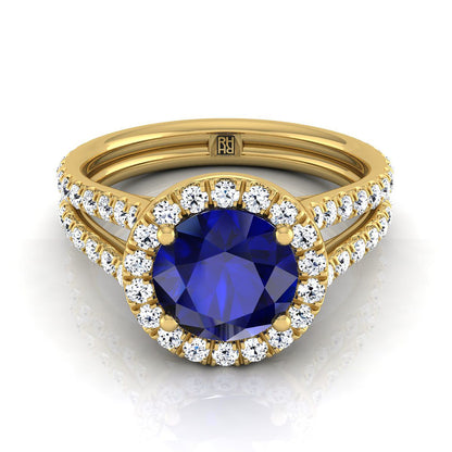 14K Yellow Gold Round Brilliant Sapphire Halo Two Row Pavé Diamond Split Shank Engagement Ring -7/8ctw