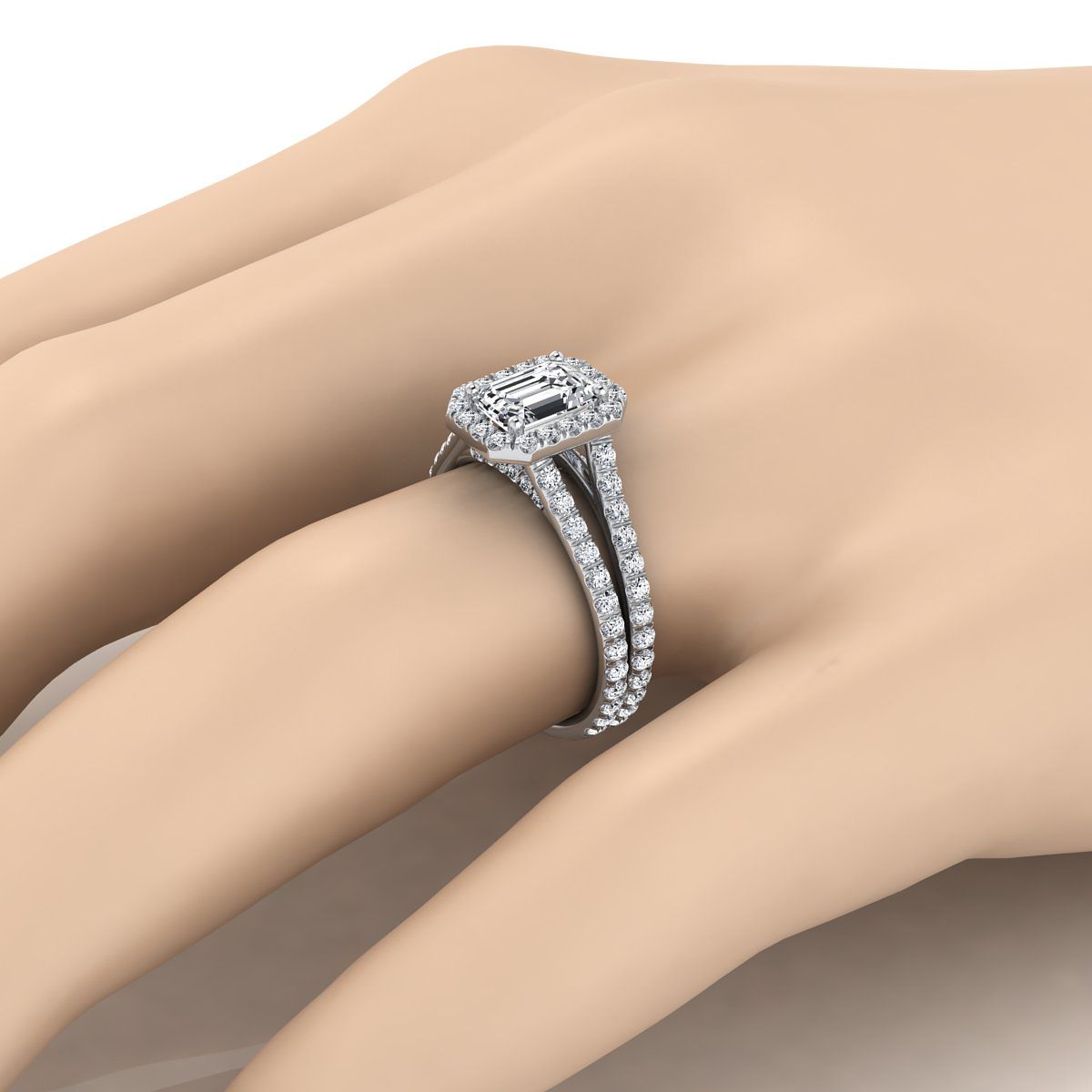 18K White Gold Emerald Cut Diamond Halo Two Row Pavé Split Shank Engagement Ring -7/8ctw