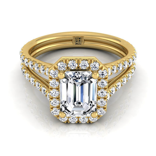 18K Yellow Gold Emerald Cut Diamond Halo Two Row Pavé Split Shank Engagement Ring -7/8ctw