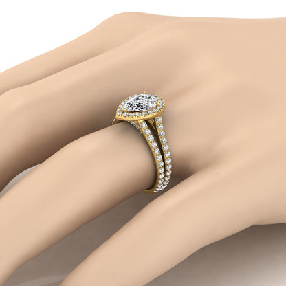 18K Yellow Gold Pear Shape Center Diamond Halo Two Row Pavé Split Shank Engagement Ring -7/8ctw