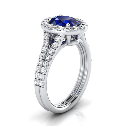 Platinum Oval Sapphire French Pave Split Shank Diamond Halo Engagement Ring -5/8ctw