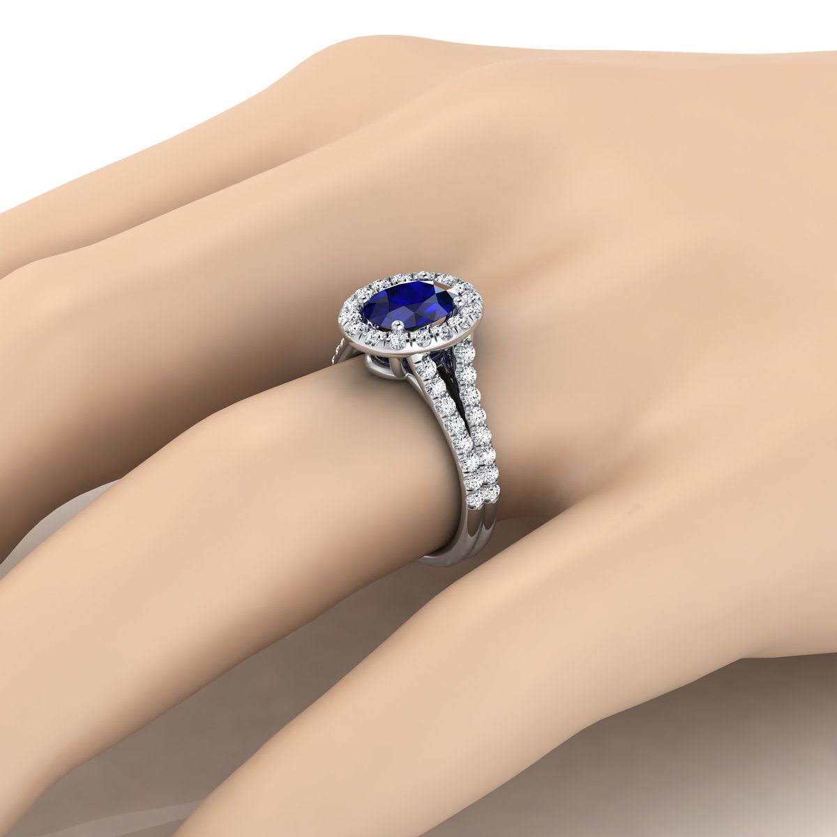 Platinum Oval Sapphire French Pave Split Shank Diamond Halo Engagement Ring -5/8ctw