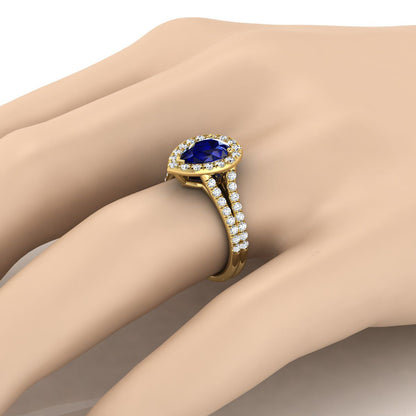 18K Yellow Gold Pear Shape Center Sapphire French Pave Split Shank Diamond Halo Engagement Ring -5/8ctw