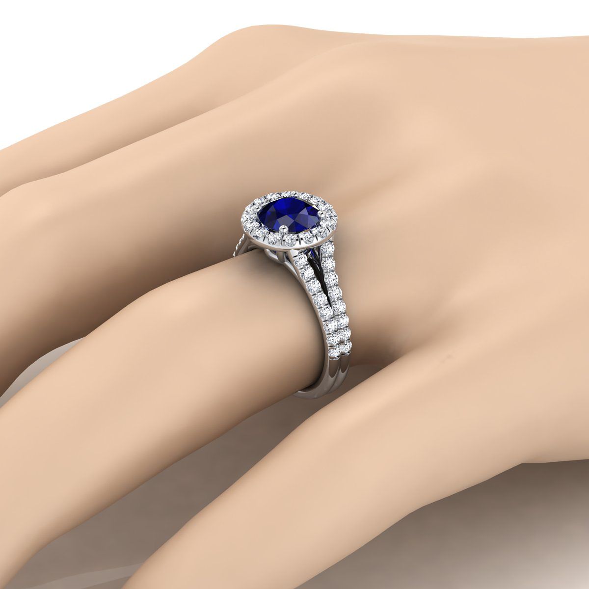 14K White Gold Round Brilliant Sapphire French Pave Split Shank Diamond Halo Engagement Ring -5/8ctw