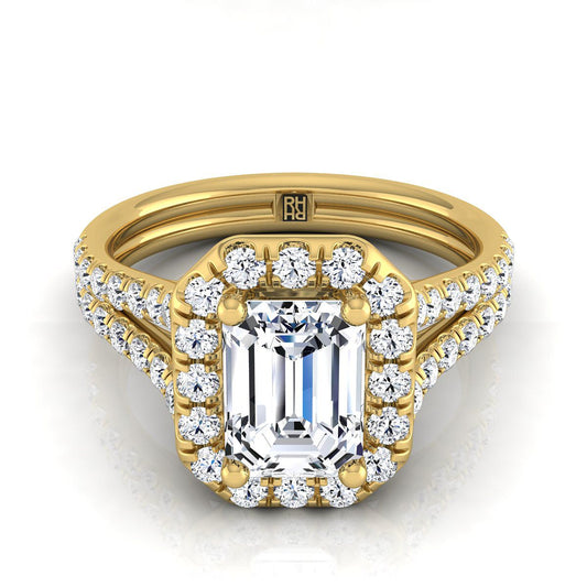 18K Yellow Gold Emerald Cut Diamond French Pave Split Shank Halo Engagement Ring -5/8ctw