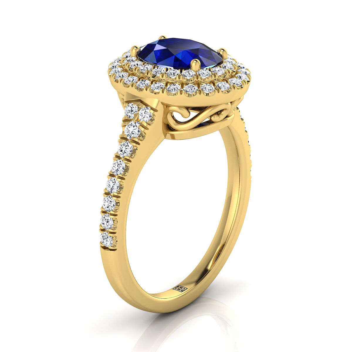 18K Yellow Gold Oval Sapphire Double Halo with Scalloped Pavé Diamond Engagement Ring -1/2ctw