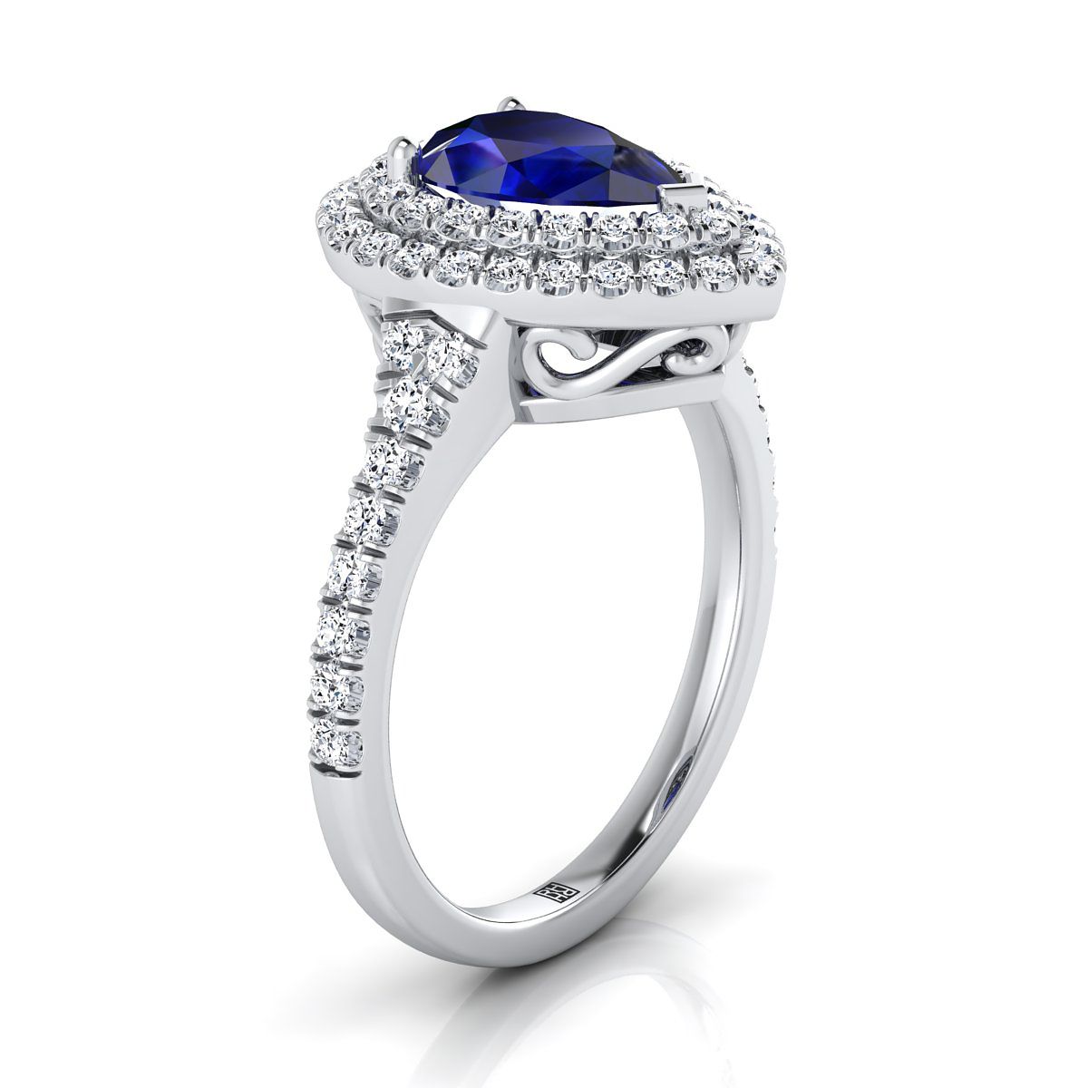 14K White Gold Pear Shape Center Sapphire Double Halo with Scalloped Pavé Diamond Engagement Ring -1/2ctw