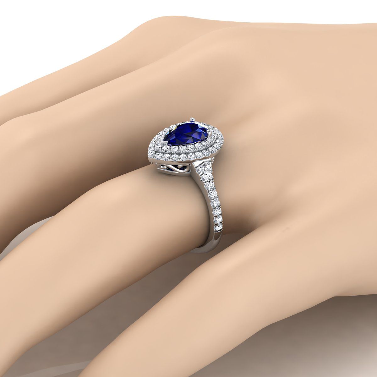 14K White Gold Pear Shape Center Sapphire Double Halo with Scalloped Pavé Diamond Engagement Ring -1/2ctw