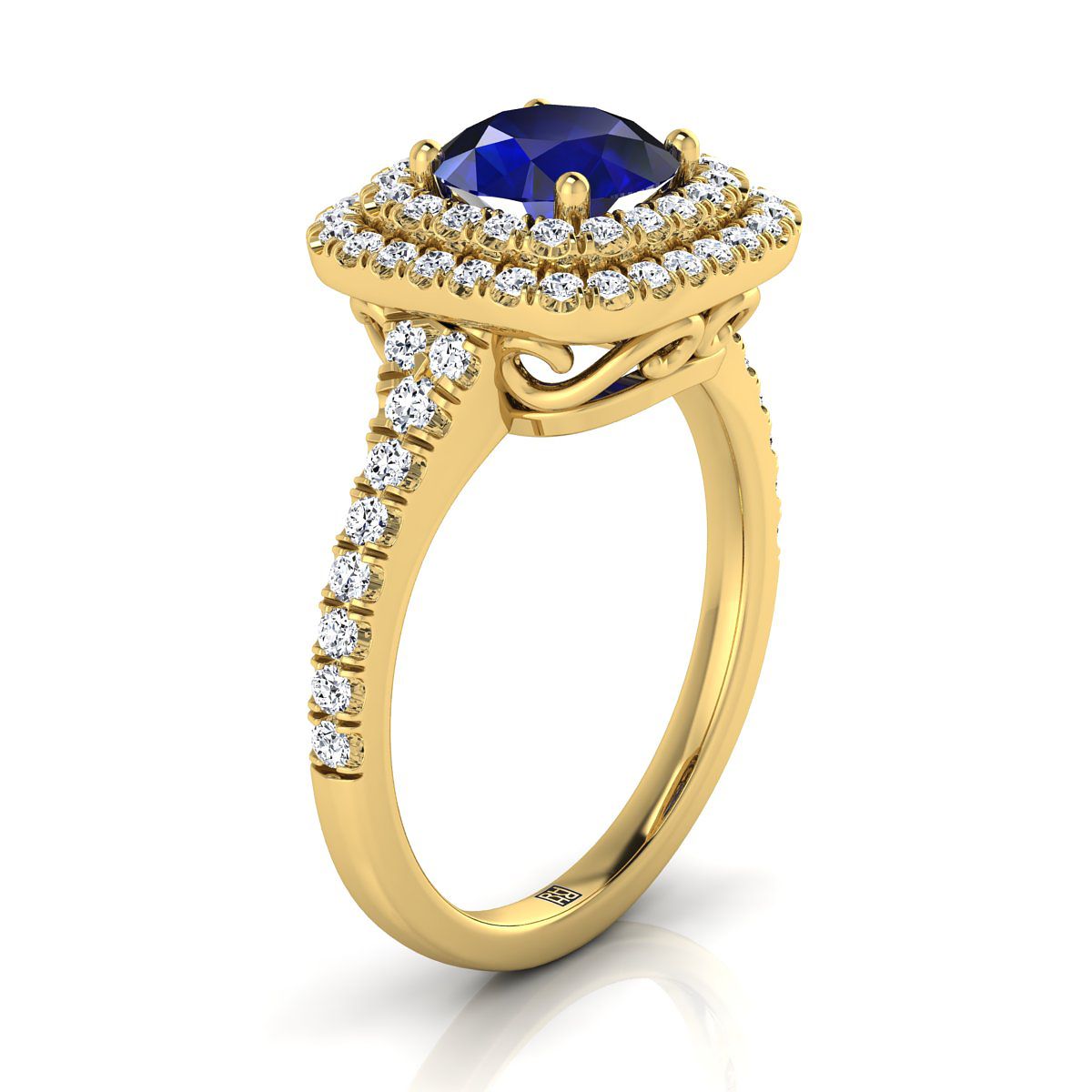 14K Yellow Gold Round Brilliant Sapphire Double Halo with Scalloped Pavé Diamond Engagement Ring -1/2ctw