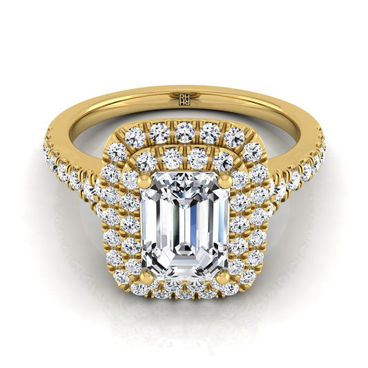 18K Yellow Gold Emerald Cut Diamond Double Halo Scalloped Pavé Engagement Ring -1/2ctw