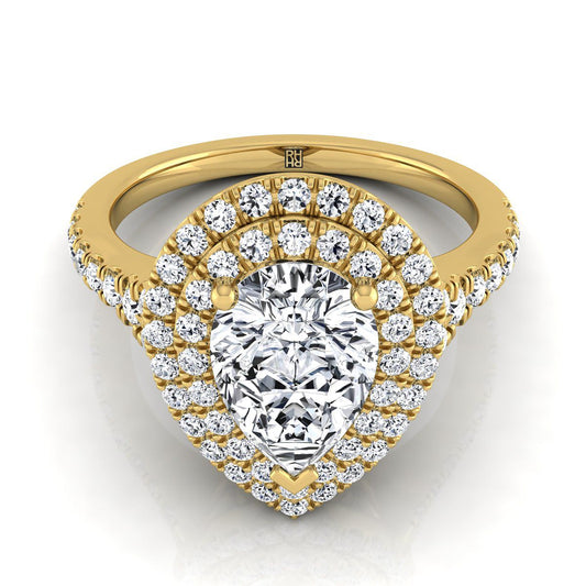 18K Yellow Gold Pear Shape Center Diamond Double Halo Scalloped Pavé Engagement Ring -1/2ctw