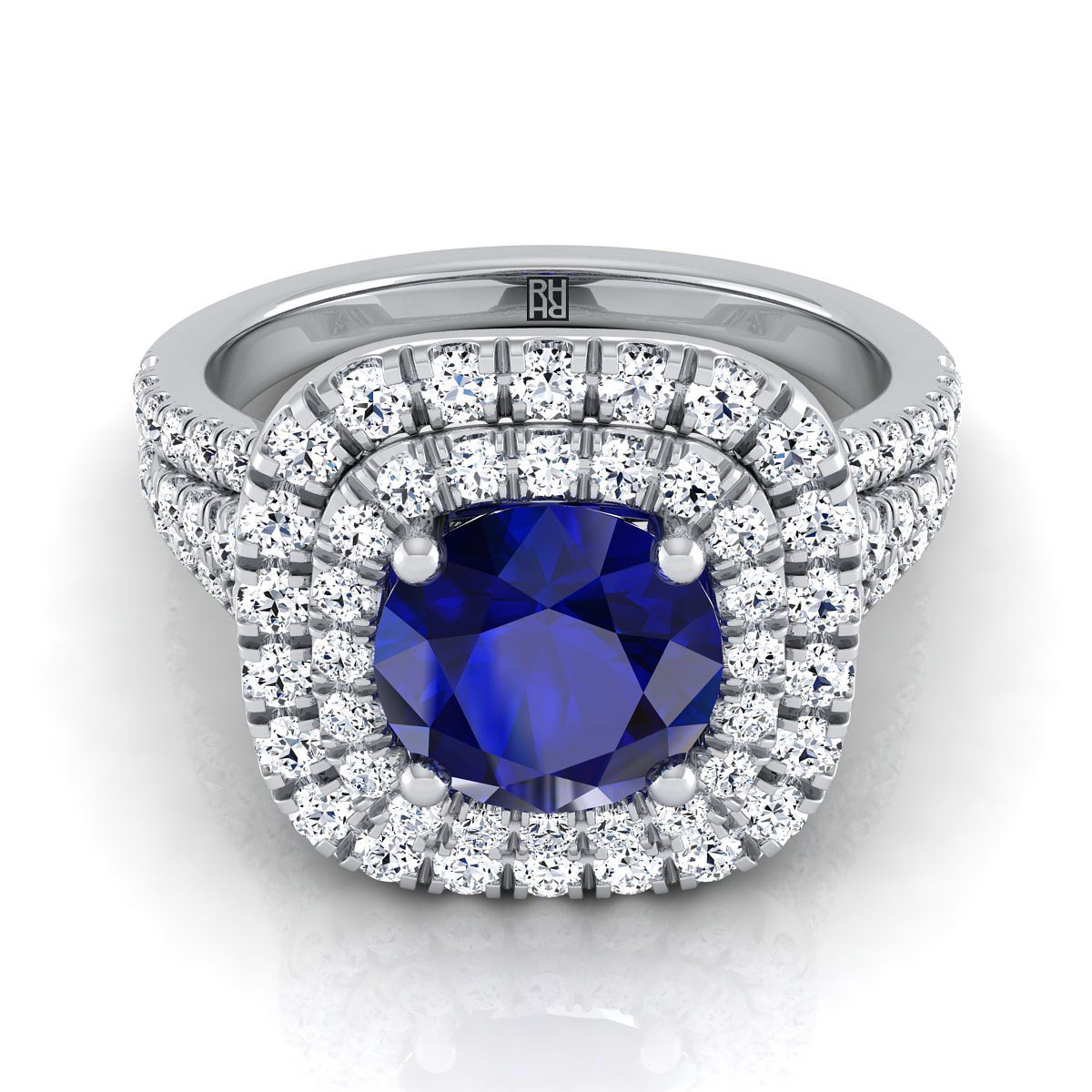 Platinum Round Brilliant Sapphire Four Row Split Shank Pave Double Halo Diamond Engagement Ring -7/8ctw