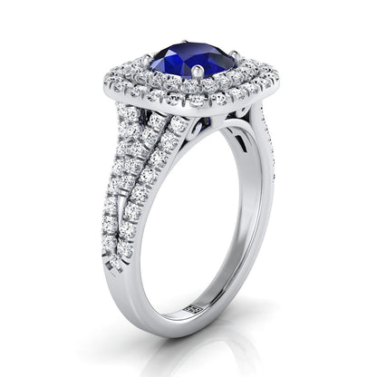 Platinum Round Brilliant Sapphire Four Row Split Shank Pave Double Halo Diamond Engagement Ring -7/8ctw