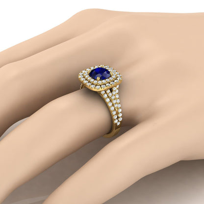 18K Yellow Gold Round Brilliant Sapphire Four Row Split Shank Pave Double Halo Diamond Engagement Ring -7/8ctw