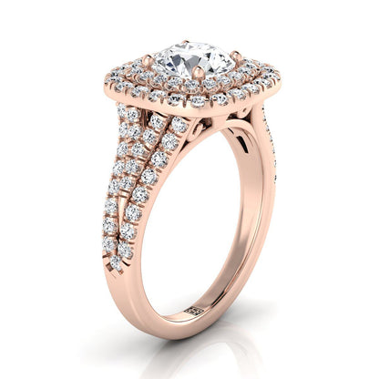 14K Rose Gold Round Brilliant Diamond Four Row Split Shank Pave Double Halo Diamond Engagement Ring -7/8ctw