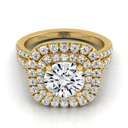 14K Yellow Gold Round Brilliant Diamond Four Row Split Shank Pave Double Halo Diamond Engagement Ring -7/8ctw