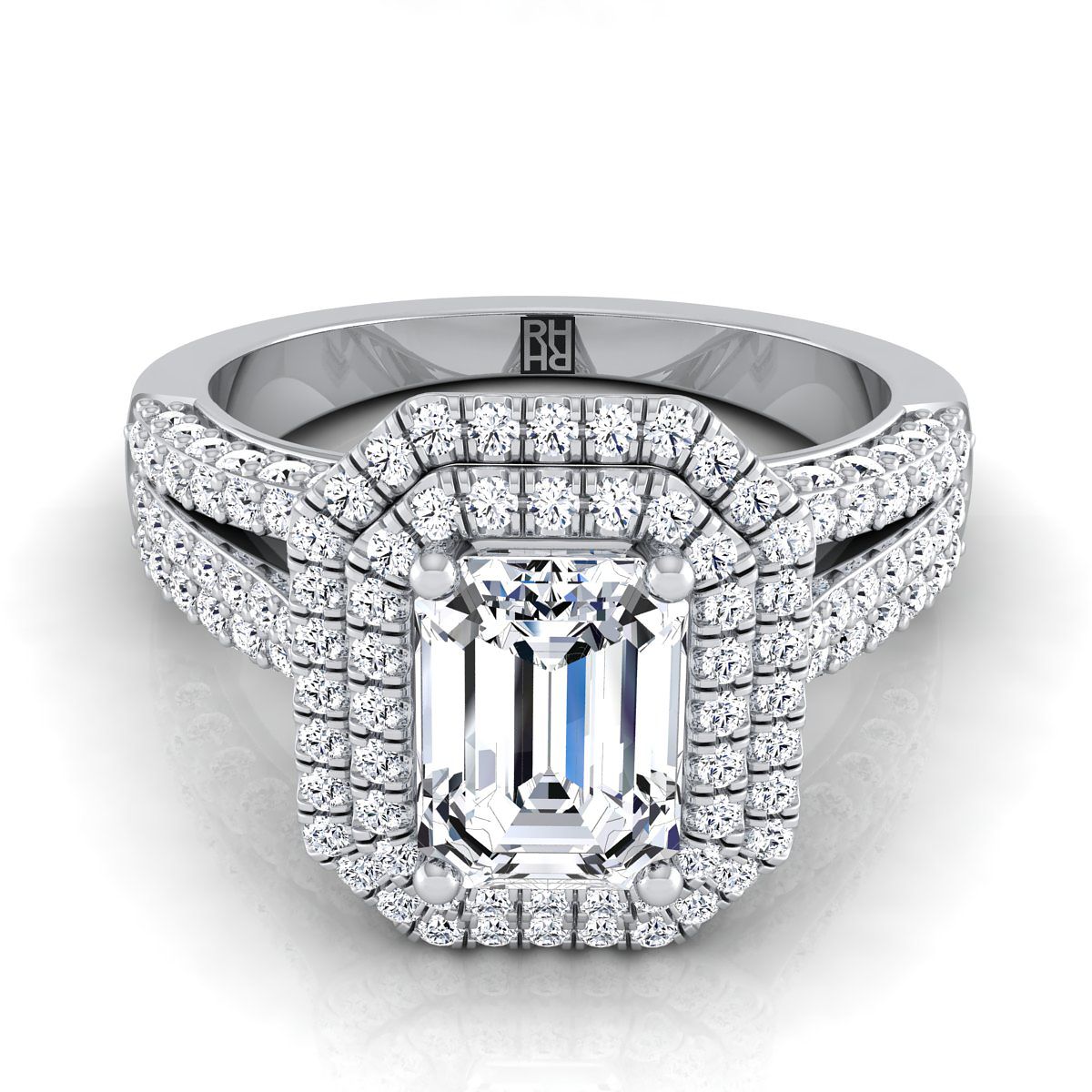 Platinum Emerald Cut Extraordinary Three Tier Diamond Halo Crown Engagement Ring -7/8ctw