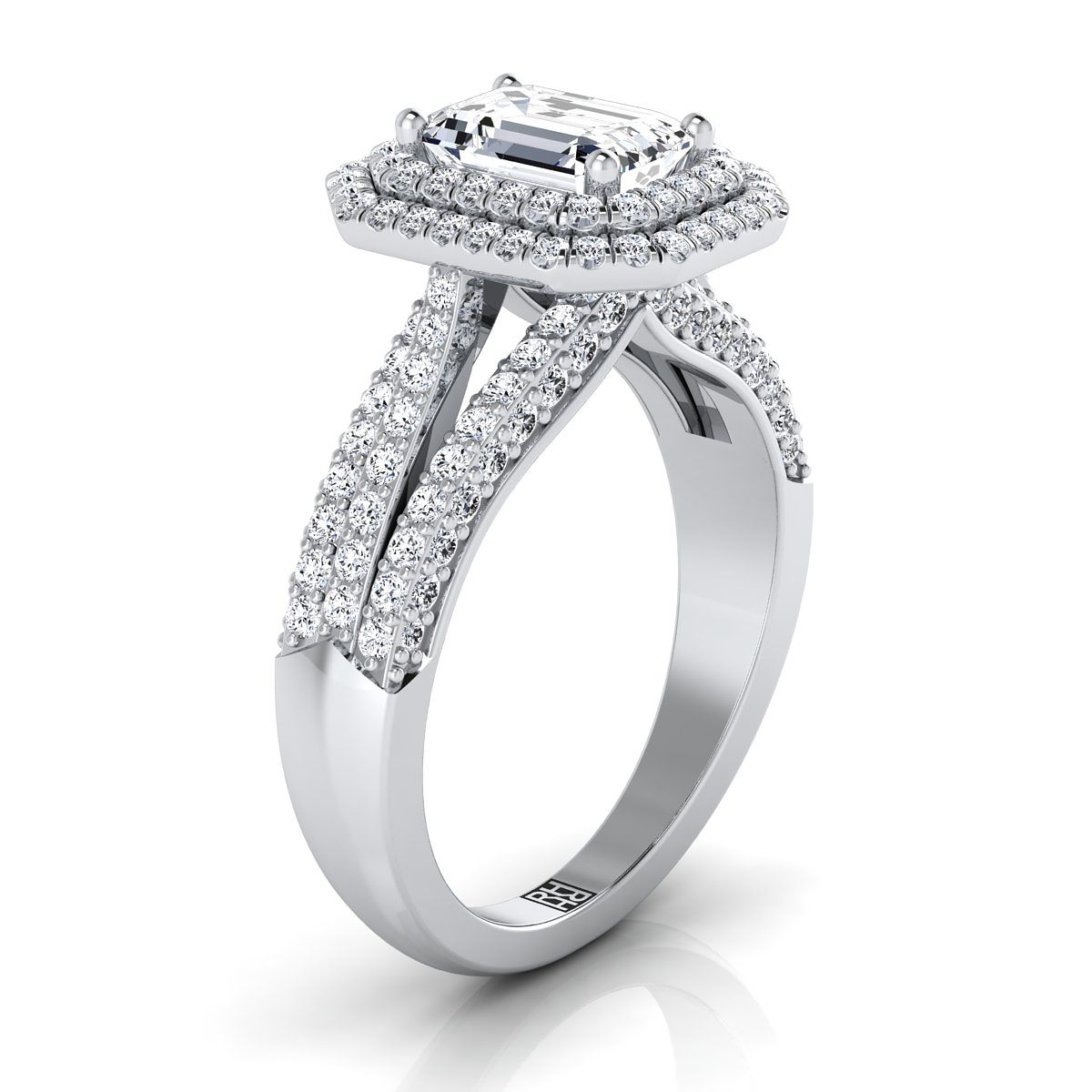 Platinum Emerald Cut Extraordinary Three Tier Diamond Halo Crown Engagement Ring -7/8ctw