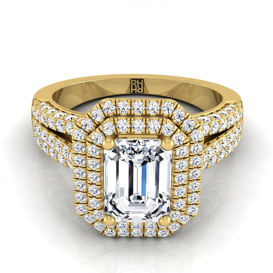 18K Yellow Gold Emerald Cut Extraordinary Three Tier Diamond Halo Crown Engagement Ring -7/8ctw