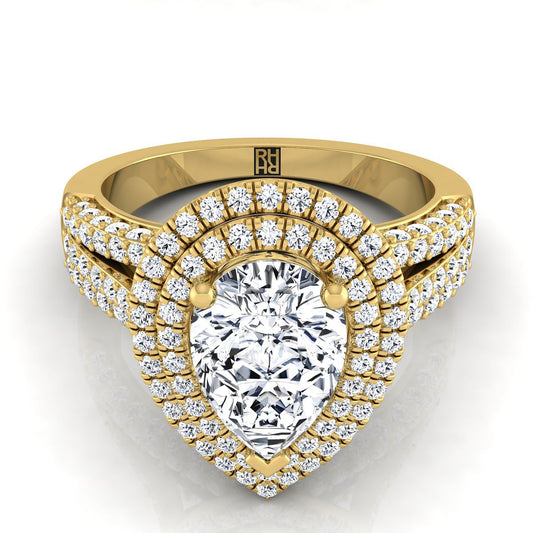 18K Yellow Gold Pear Shape Center Extraordinary Three Tier Diamond Halo Crown Engagement Ring -7/8ctw