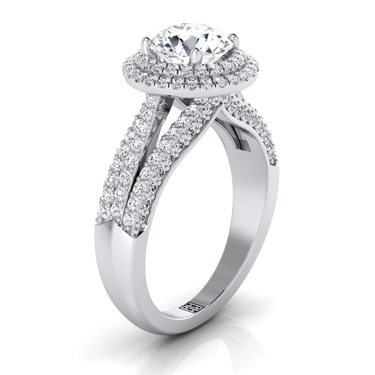 Platinum Round Brilliant Extraordinary Three Tier Diamond Halo Crown Engagement Ring -7/8ctw