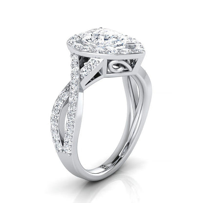 18K White Gold Pear Shape Center Twisted Open Lattice Diamond Halo Engagement Ring -3/4ctw
