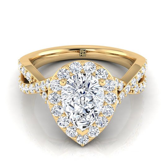 18K Yellow Gold Pear Shape Center Twisted Open Lattice Diamond Halo Engagement Ring -3/4ctw