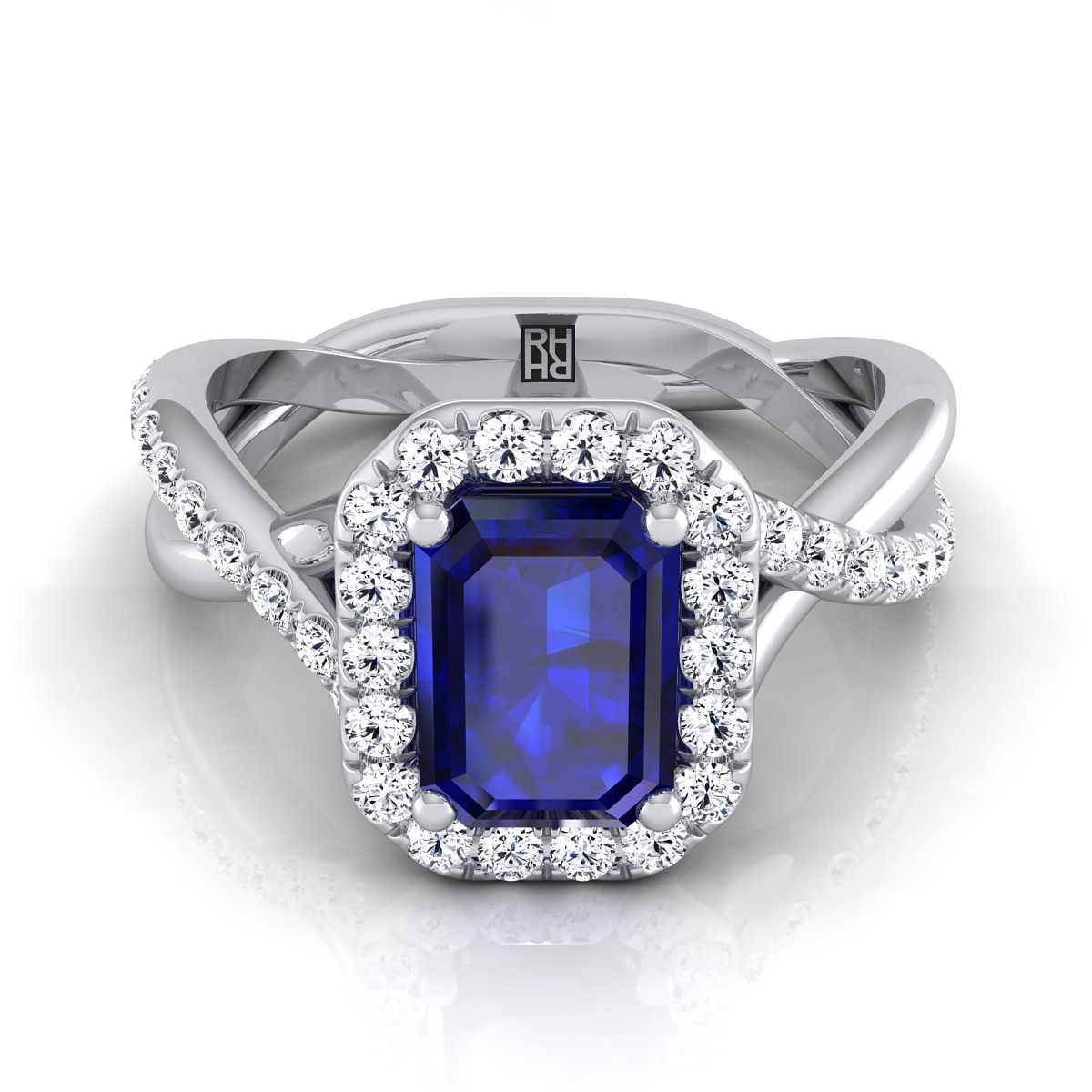 14K White Gold Emerald Cut Sapphire Twisted Vine Diamond Halo Engagement Ring -1/2ctw