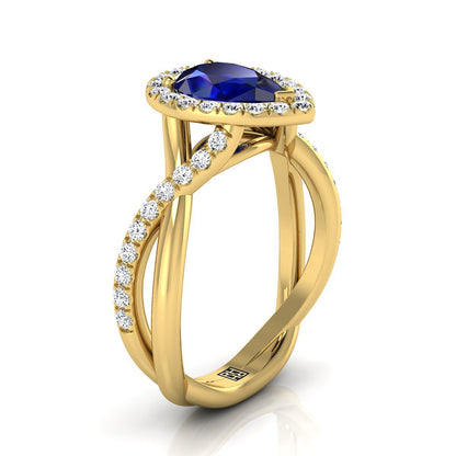14K Yellow Gold Pear Shape Center Sapphire Twisted Vine Diamond Halo Engagement Ring -1/2ctw