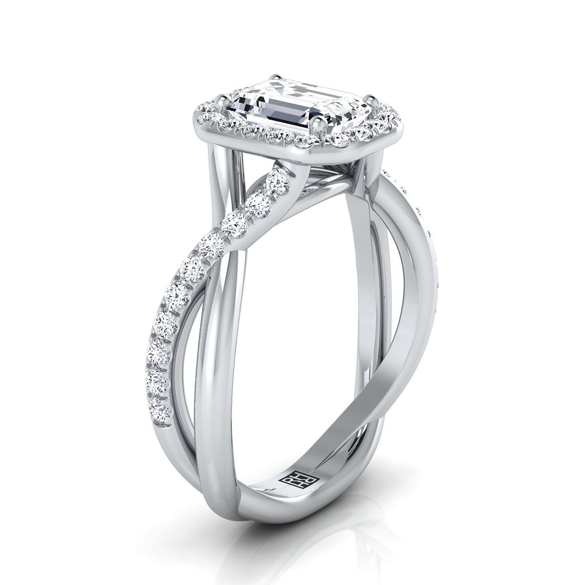 14K White Gold Emerald Cut Diamond Twisted Vine Halo Engagement Ring -1/2ctw