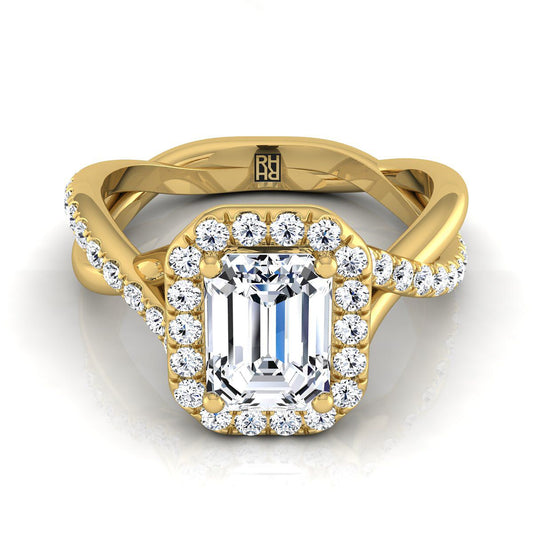 18K Yellow Gold Emerald Cut Diamond Twisted Vine Halo Engagement Ring -1/2ctw