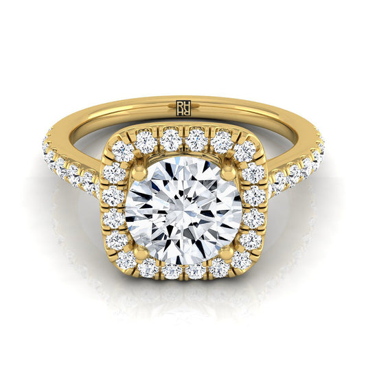 14K Yellow Gold Round Brilliant Diamond Classic Pave Halo Cathedral Style Engagement Ring -1/2ctw
