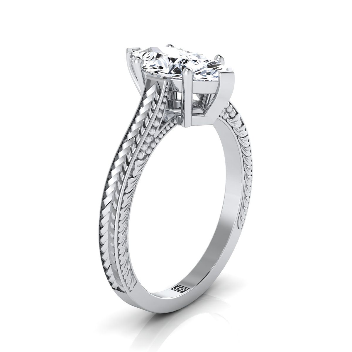 18K White Gold Marquise   Hand Engraved Vintage Cathedral Style Solitaire Engagement Ring