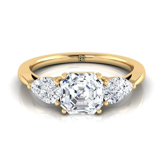 14K Yellow Gold Asscher Cut Diamond Perfectly Matched Pear Shaped Three Diamond Engagement Ring -7/8ctw