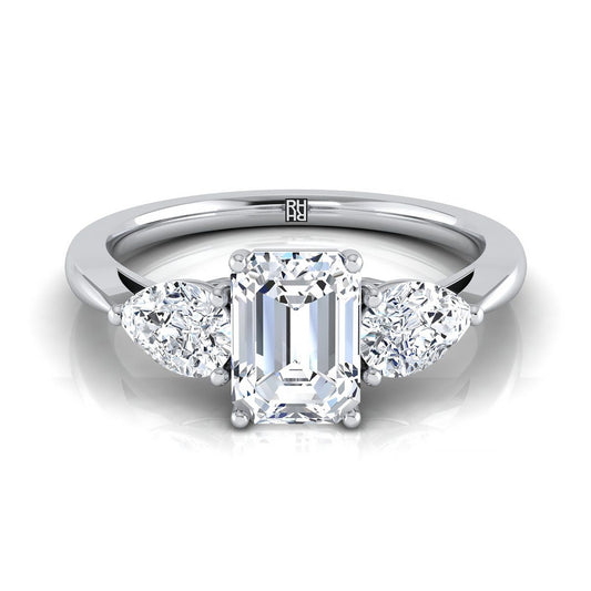 14K White Gold Emerald Cut Diamond Perfectly Matched Pear Shaped Three Diamond Engagement Ring -7/8ctw