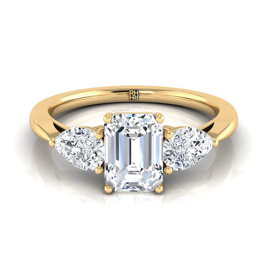 18K Yellow Gold Emerald Cut Diamond Perfectly Matched Pear Shaped Three Diamond Engagement Ring -7/8ctw