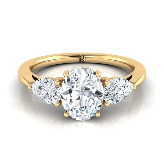 14K Yellow Gold Oval Diamond Perfectly Matched Pear Shaped Three Diamond Engagement Ring -7/8ctw