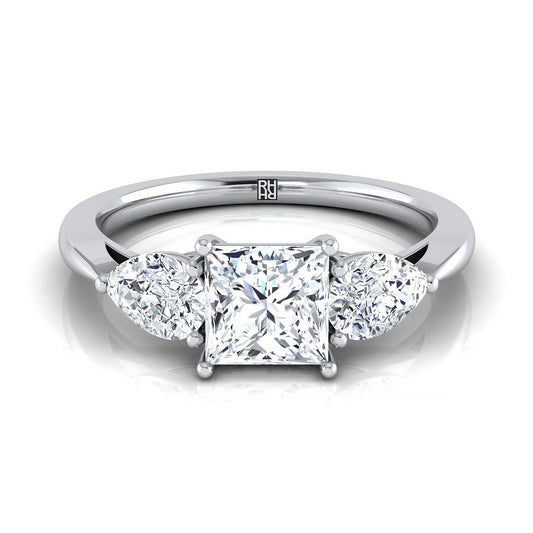 14K White Gold Princess Cut Diamond Perfectly Matched Pear Shaped Three Diamond Engagement Ring -7/8ctw