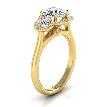 18K Yellow Gold Round Brilliant Swiss Blue Topaz French Pave Diamond Three Stone Engagement Ring -1/2ctw