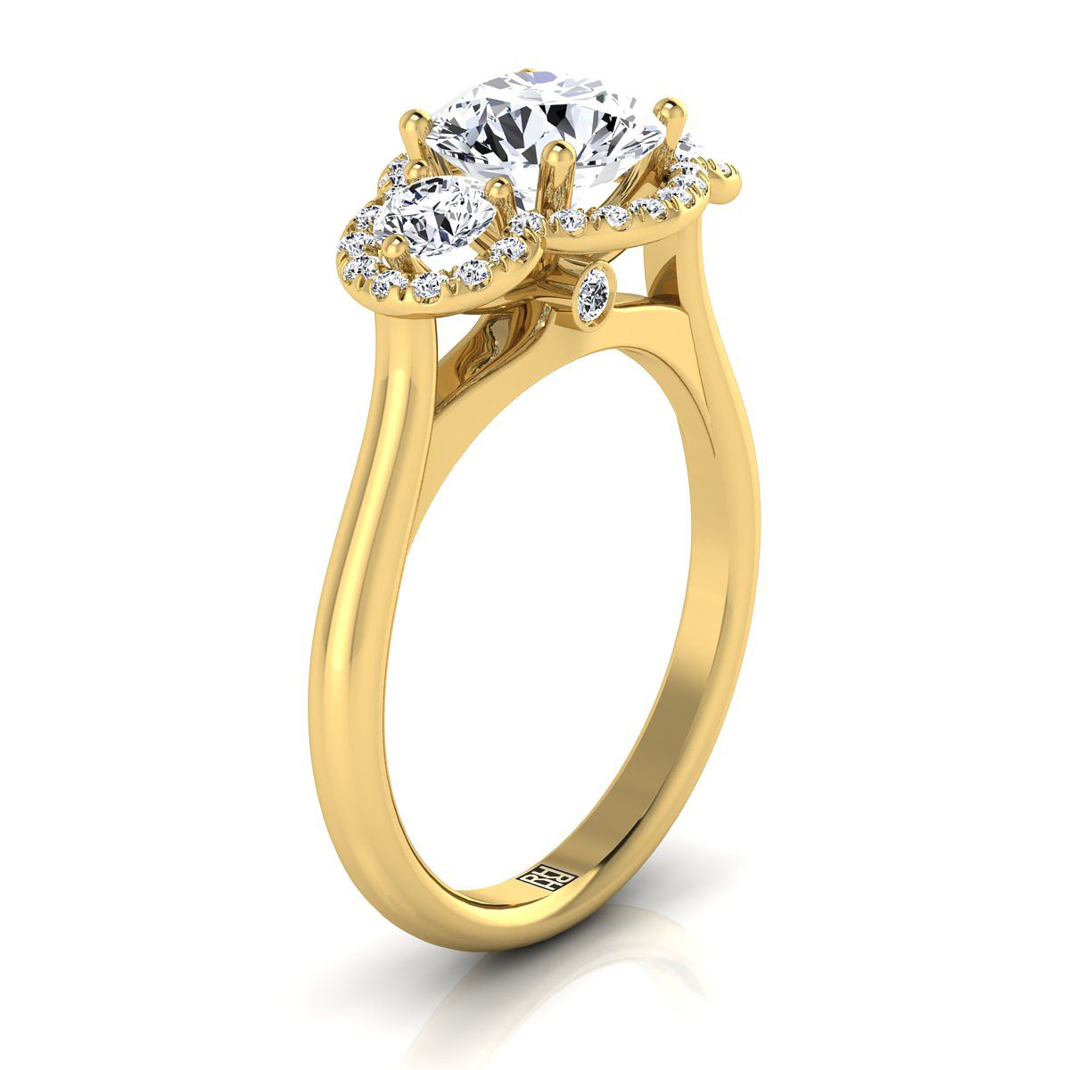 14K Yellow Gold Round Brilliant Emerald French Pave Diamond Three Stone Engagement Ring -1/2ctw