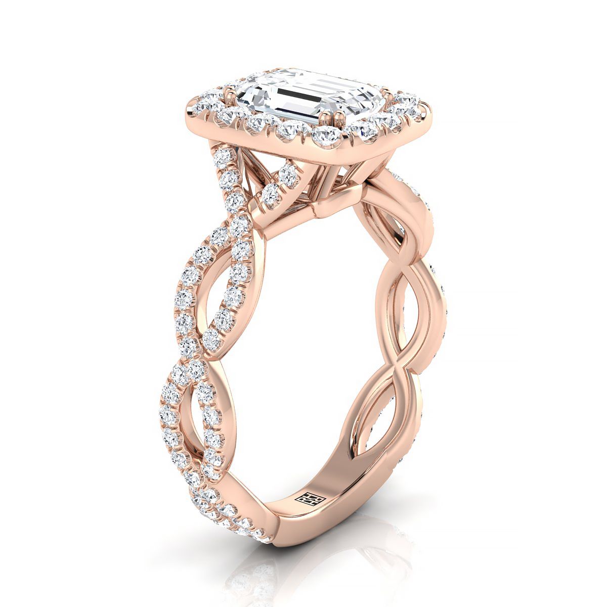 14K Rose Gold Emerald Cut Diamond Ribbon Twist French Pave Halo Engagement Ring -3/4ctw
