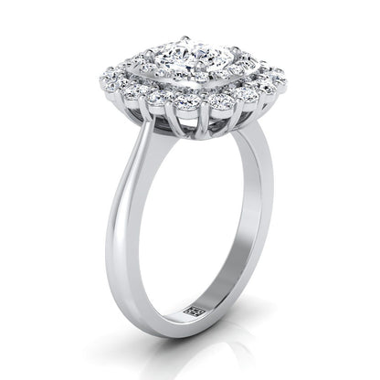 18K White Gold Cushion Diamond Double Halo Floral Sunburst Engagement Ring -1ctw