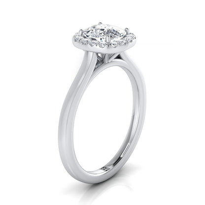 18K White Gold Cushion Diamond Modern Halo French Pave Engagement Ring -1/6ctw