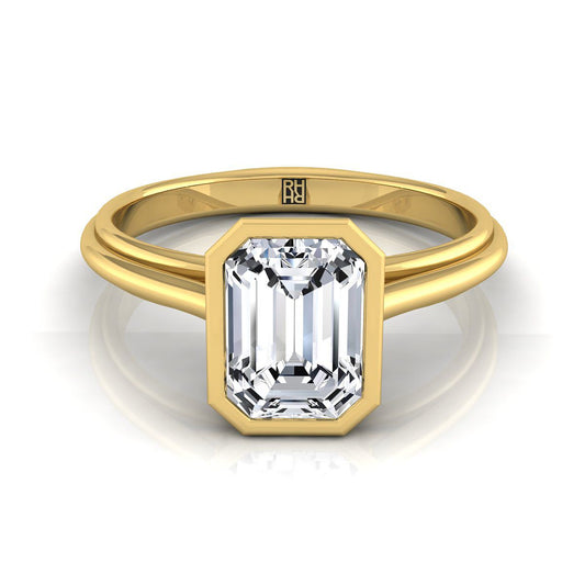 18K Yellow Gold Emerald Cut  Bezel Halo Cathedral Solitaire Engagement Ring